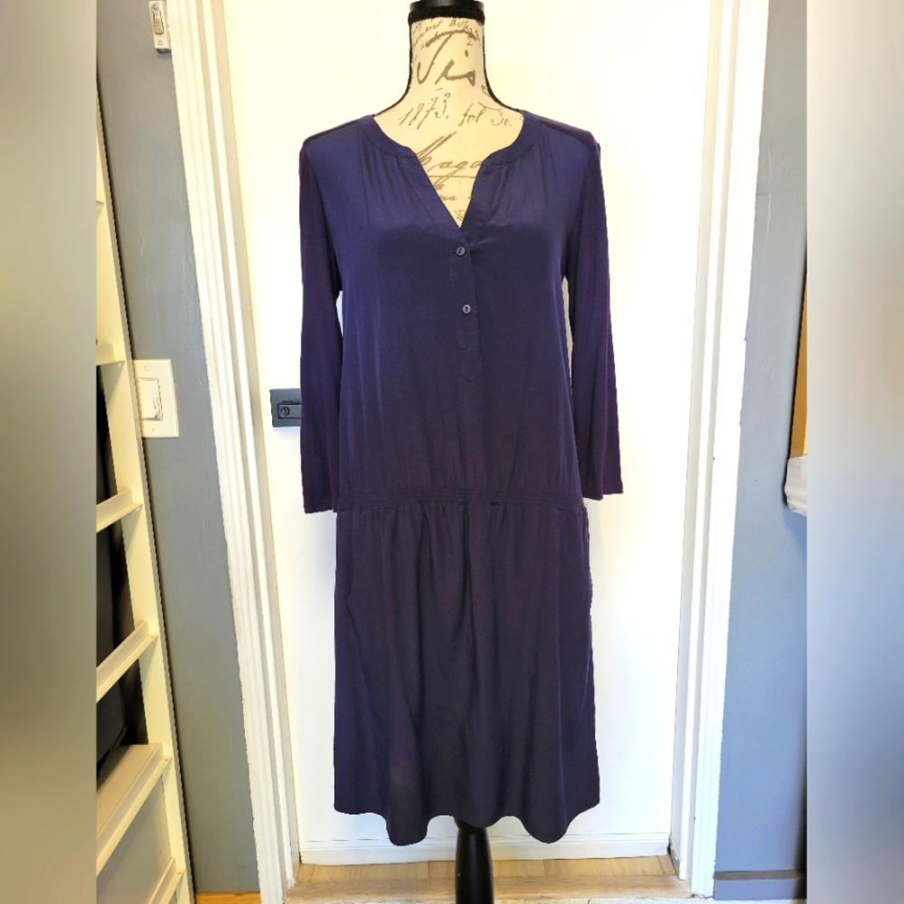 Tibi Silk Blend Navy Long Sleeve Casual Streetwear Drop Waist Dress Size S